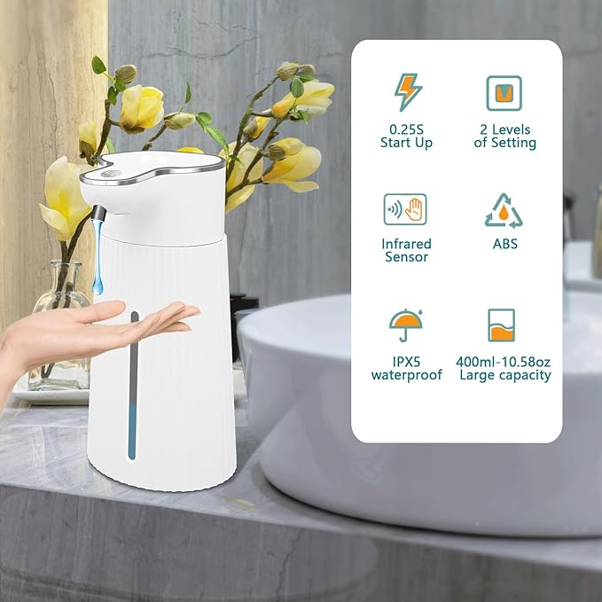 Automatic Liquid Soap Dispenser, 10.5oz/400ML Adjustable Wall Mount Touchless Soap Dispenser Waterproof for Bathroom Kitchen, USB C Rechargeable with Intelligent Infrared Sensor