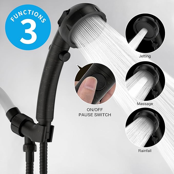 KAIYING High Pressure Oil-Rubbed Bronze Handheld Shower Head with ON/OFF Switch, 3 Spray Modes, Adjustable Angle Bracket, and Hose
