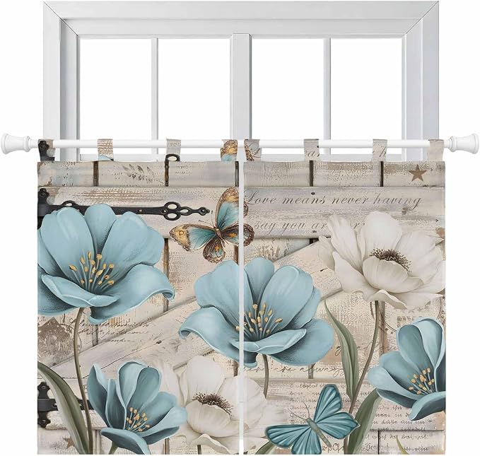 Teal Blue Tulips Bedroom Curtains 63 Inch Length, Window Curtains Tab Top by Unknown