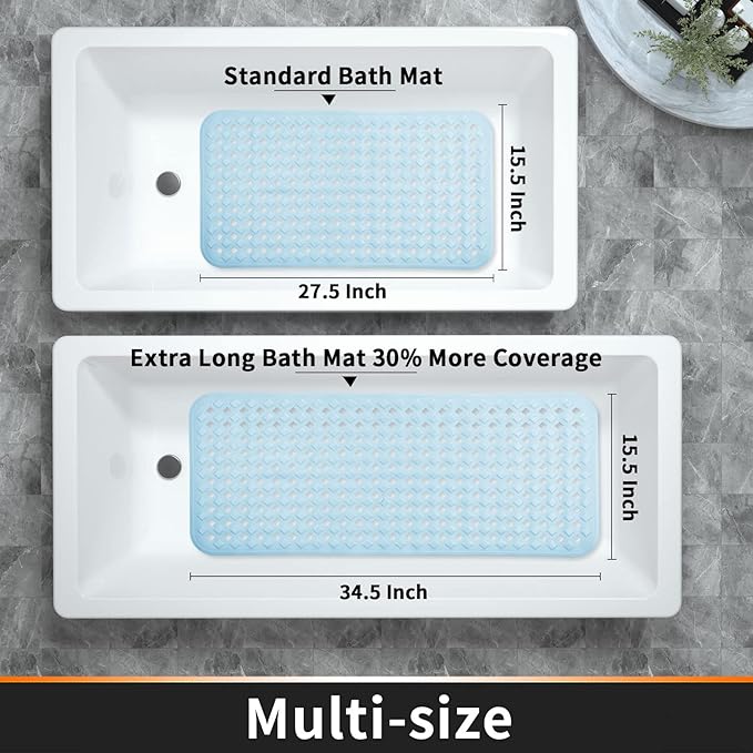 Yimobra Non Slip Bath Mat, Super Strong Suction Cups,34.5"x15.5"Long Tub Mat with Drain Holes, Machine Washable Fast Draining Shower Mats, Bathroom Essentials,Light Blue