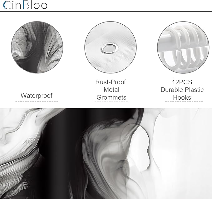 Cinbloo 4Pcs Black White Shower Curtain Set, Abstract Modern Ombre Grey Bathroom Curtain with Rug, Toilet Lid Cover, Bath Mat, Minimalist Marble Women Girls Ink Texture Shower Curtain with 12 Hooks