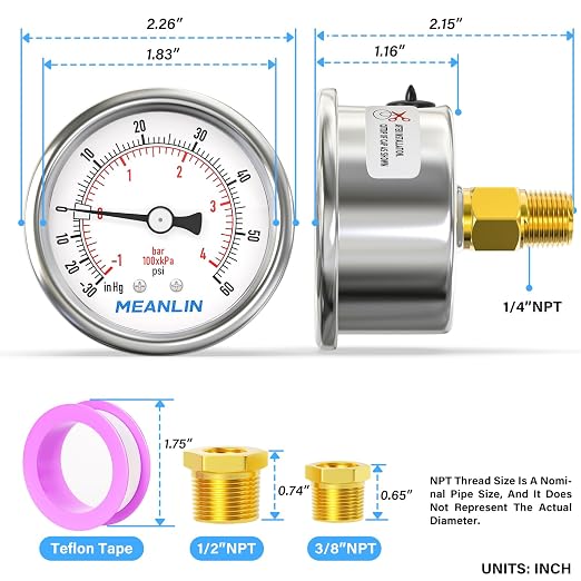 MEANLIN MEASURE -30inHG~60Psi Vacuum Gauge Stainless Steel 1/4" NPT 2" FACE - Image 2