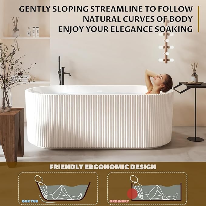 67" Deep Soaking Bathtub, Non-Slip Acrylic Tub with Chrome Drain, CUPC Certified, Ergonomic Modern Bath for Bathrooms, Easy-Install, White Striped