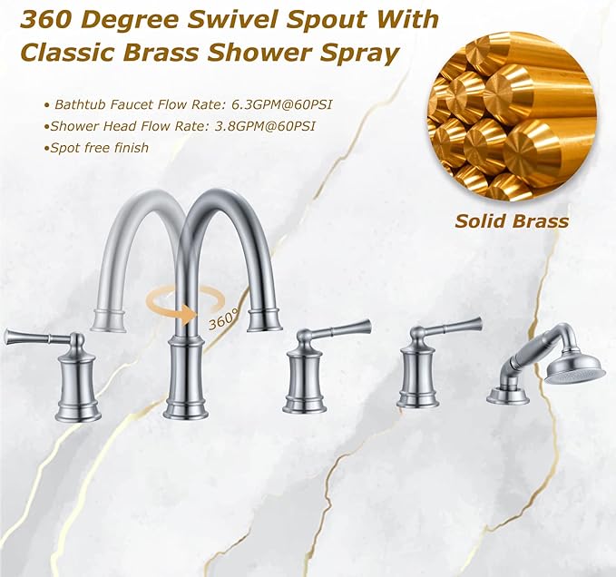 Roman Tub Faucet with Hand Shower, Antique Tub Shower Faucet Set with Valve for 5 Hole, Deck Mount Shower Tub Faucet Set，3 Handle Bath Tub Faucet High Flow, Brushed Nickel(B2309-BN)