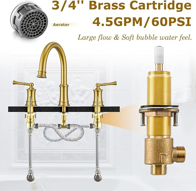 Brushed Gold Roman Tub Faucet, Antique Bathtub Faucet Set 3 Hole, High Flow Bath Tub Faucet 12-16 inch Widespread, Solid Brass Tub Filler 2 Handle 360° Swivel Spout Rough-in Valve(B2307-BG)