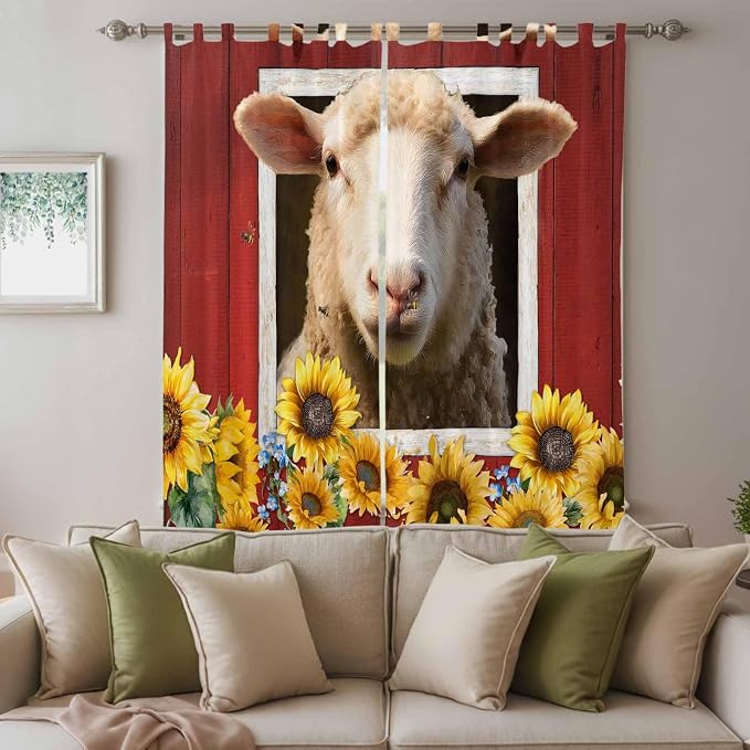 Sheep Sunflower Living Room Curtains 96 Inch Length, Window Curtains Tab Top - Image 3