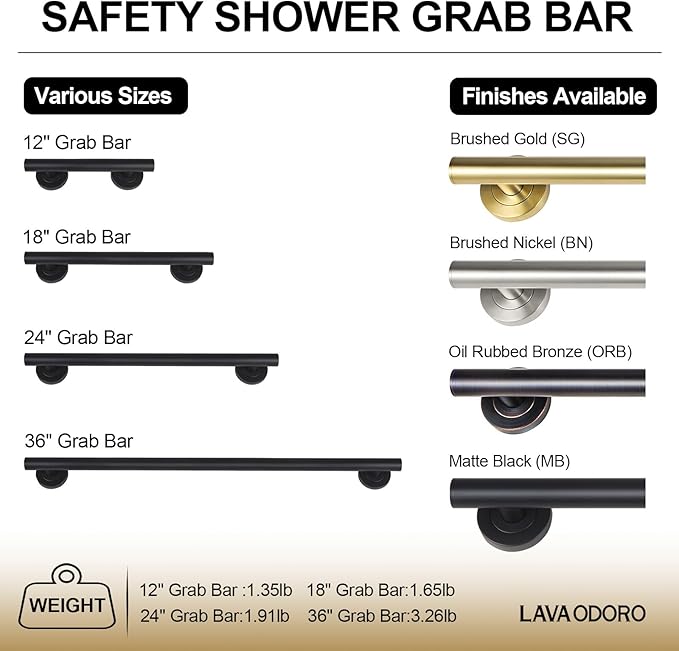 Lava Odoro Shower Grab Bar, Modern Stainless Steel Handicap Grab Bar for Bathtubs and Showers, Shower Safety Bar for Seniors Disabled, ADA-Compliant (Matte Black, 24 Inch)