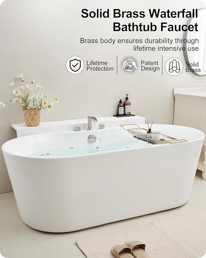 Brass Roman Bathtub Faucet Brushed Nickel, Waterfall High Flow Bath Tub Faucet Set 3 Hole with 2 Handle Deck Mount & Pre-Installed Supply Hoses for Farmhouse