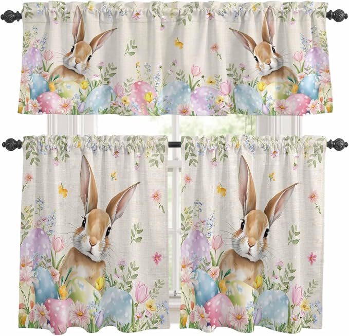 Kitchen Curtains Tiers and Valance Set of 3, Easter Light Filtering Window by Anzona