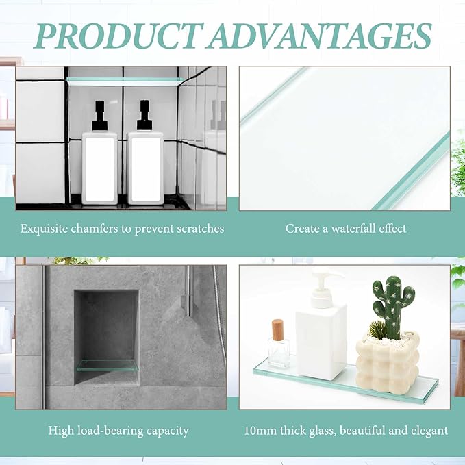 1 Pcs 13-5/8" x 4-1/4" x 3/8'' Glass Shelf for Shower Niche, Tempered Glass Shelf Floating Shelves for Bathroom Essentials DIY Storage Decoration, Easy Install Support Plate