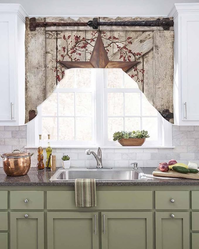 Country Star Swag Kitchen Curtains Valance and Tier Set, VintageRust Yellow - Image 2