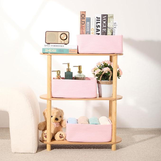 Small Storage Baskets for Organizing | Closet Organizer Bins | Shelf Toy Basket | Woven Rope Baskets | Cube Decorative Box | Shallow Basket | 13x8.5x5.1” | 3 Packs Pink
