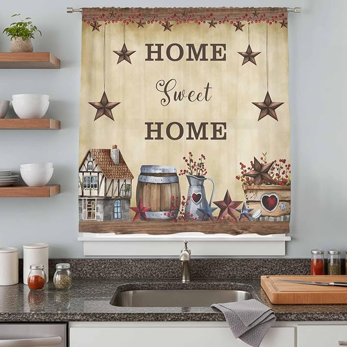 Farm Sheer Curtains 54 Inch Length American Country Barn Star Vintage Berry - Image 8