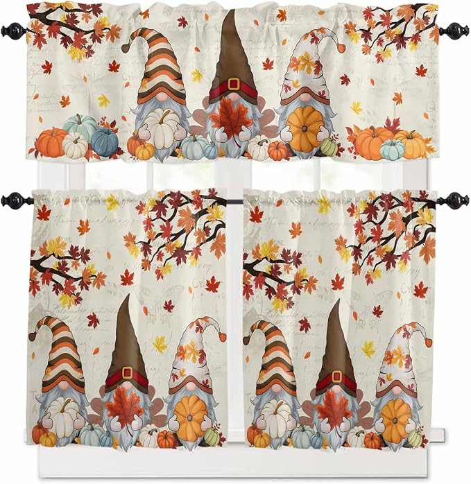 Fall Kitchen Curtain Set, Thanksgiving Gnomes Maple Leaf Pumpkin Beige Window by Unknown