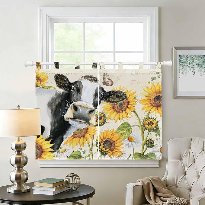 Yellow Sunflowers Kitchen Curtains 45 Inch Length, Short Cafe Window Curtains - Image 2