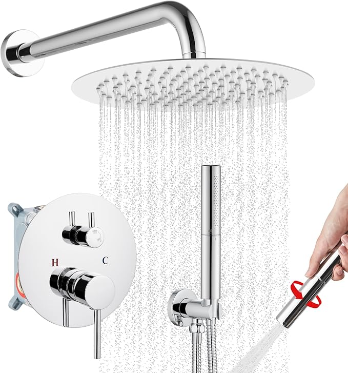 Airuida Shower Fixtures 2 Functions Shower Faucet Set Wall Mounted for Bathroom High Pressure Brass Handheld Shower with Rough-in Valve Round Rainfall 10 Inch Shower Head Chrome Polish