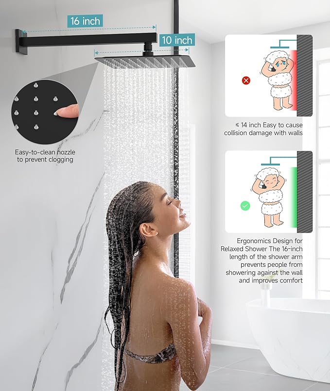 SR SUN RISE Shower System Bathroom 10 Inch Rainfall Shower Head & Handle Set Wall Mounted Rain Shower Faucet Set Matte Black