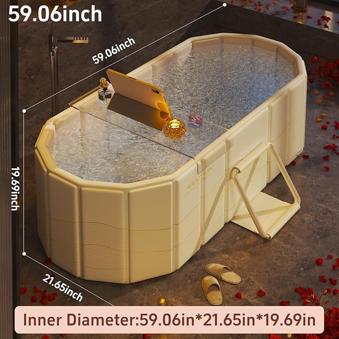 59" Portable Insulated Ice Bath Tub - Foldable Cold Plunge Tub for Athletes & Full-Body Soak - Quick Setup Freestanding Hot Spa Soaking Bathtub for Adults