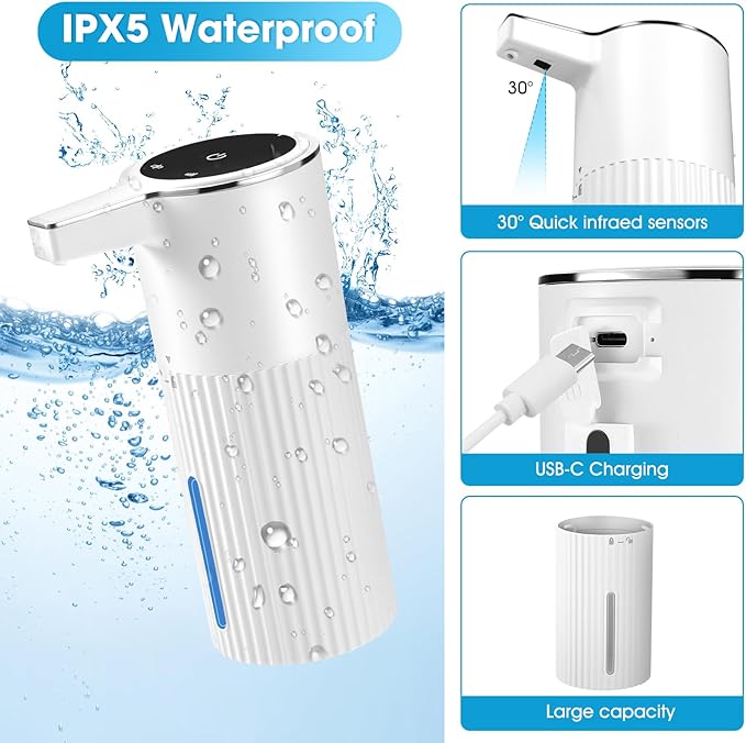 4 Pack Touchless Automatic Soap Dispenser, 13.5oz Smart Sensor Liquid Hand Wash Dispenser, USB Rechargeable & Adjustable for Bathroom Kitchen Sink, White Stripes