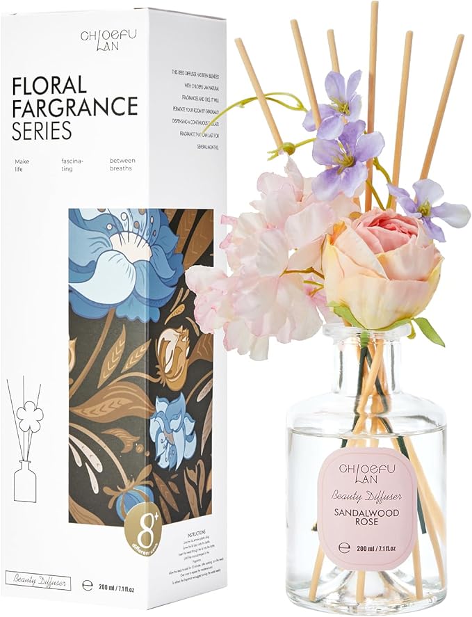 Chloefu Lan Premium Reéd Diffuser Set with Pink & Purple Flowers Reéd Diffuser Sticks Sandalwood Rose | 6.7oz Scent Fragrance Oil Diffuser for Bedroom Bathroom Home Shelf Décor