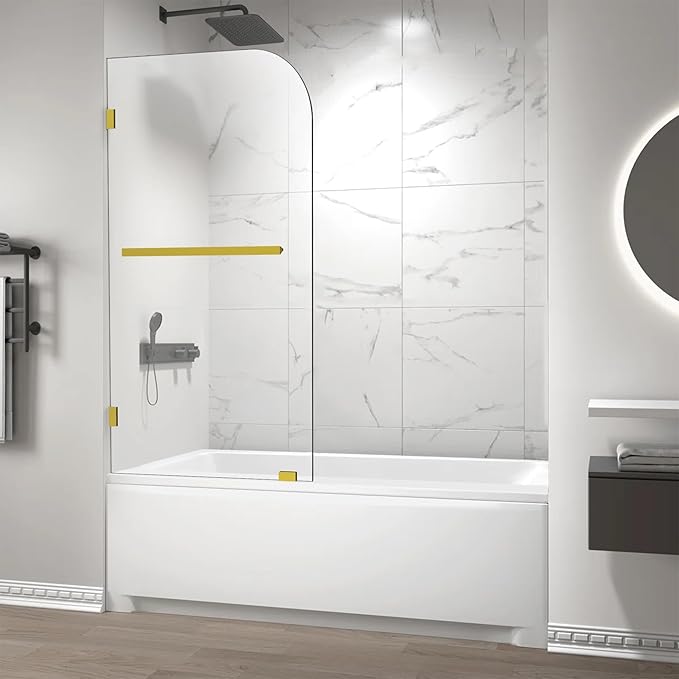 Bathtub Shower Door, 34" W X 58" H Fixed Bathtub Shower Glass Panel in Brushed Gold, 1/4"(6mm) Clear Tempered Frameless Shower Glass Door, Tub Shower Panel with Clamps and Handle