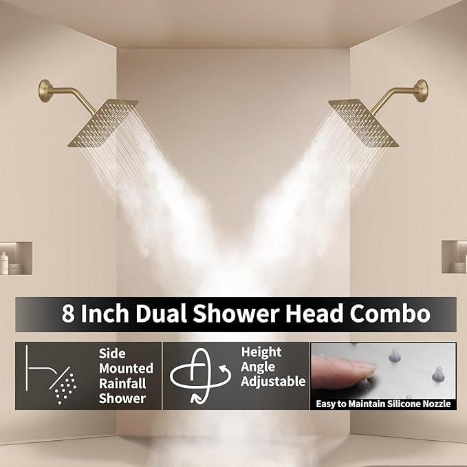 Brushed Gold Shower System Digital Temperature Display Shower Faucet Set with 12 inch Ceiling Mounted + Dual 8 inch Wall Mounted Shower Head Combo Set, Handheld Spray