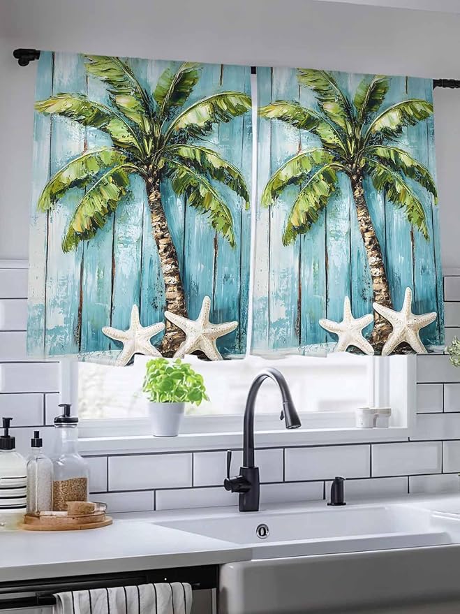 Sheer Curtains 54 Inch Length, Coastal Beach Starfish Semi Sheer Curtains Light - Image 5