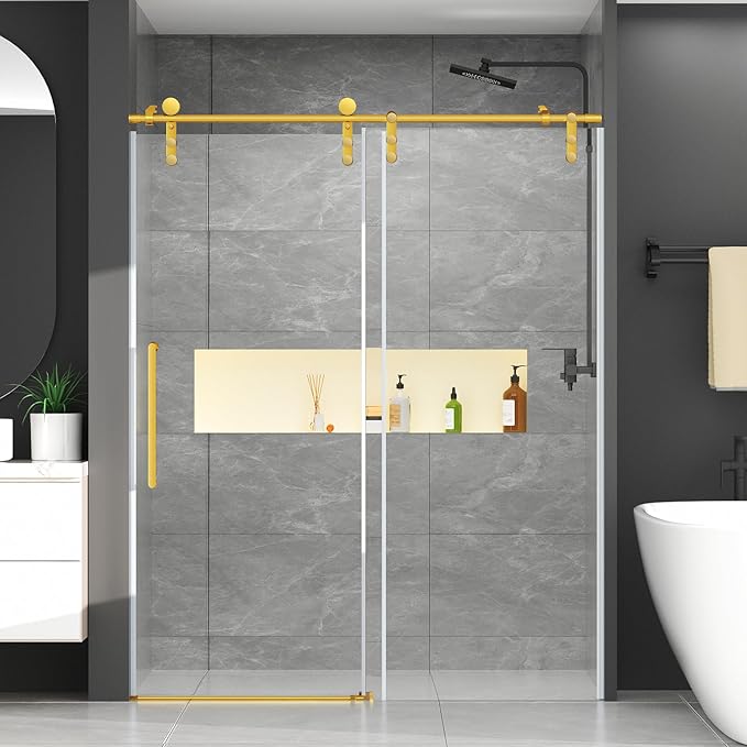 Chabatree Shower Door 60" W x 76" H Frameless Sliding Shower Door,Frameless Shower Door with Sealing Strip and Waterproof Handle,5/16"(8mm) Clear Tempered Glass,Stainless Steel Hardware,Golden