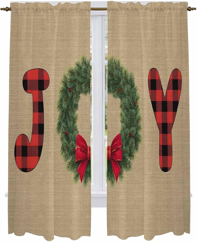 Red Green Christmas Window Curtains 72 Inch Long 2 Panel Set, Rod Pocket Long - Image 2