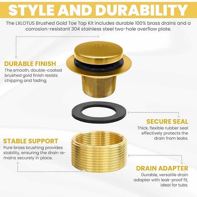 LXLTOUS Brushed Gold Toe Tap Bathtub Trim Set with Two-Hole Overflow Faceplate, Replacement Brass Tub Drain Kit with 2-Hole Overflow Cover and Universal Fine/Coarse Thread, Fits 1-3/8" and 1-1/2"