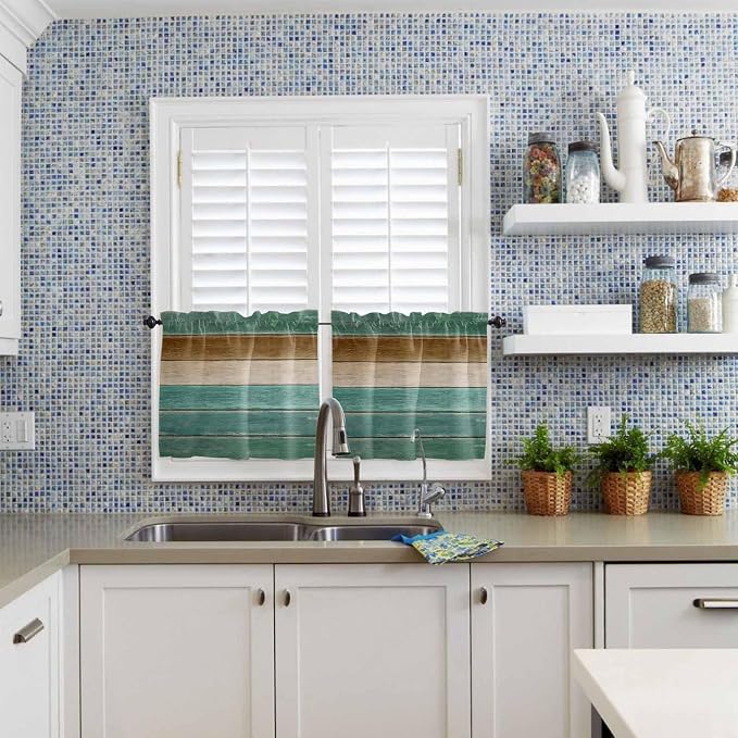 Vintage Plank Turquoise Brown Window Valance Curtains, Farmhouse Wood Grain - Image 9