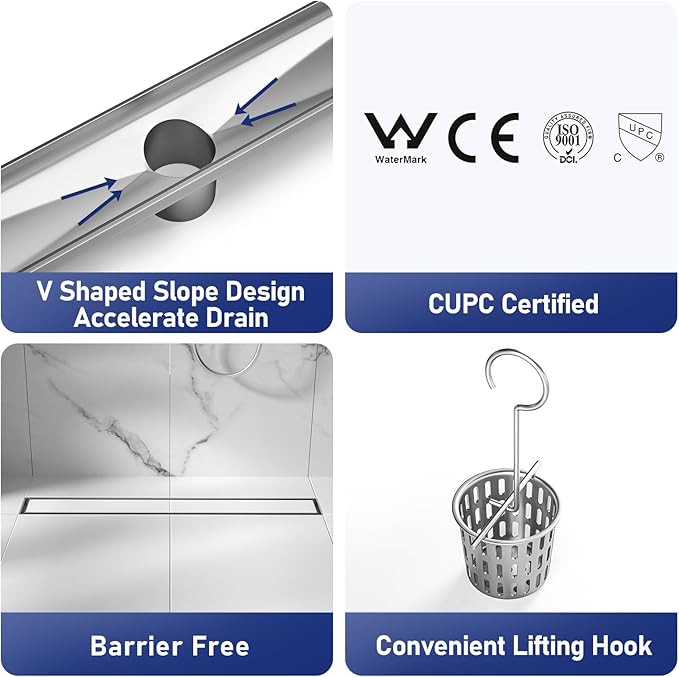 Linear Shower Drain 18", Brushed Floor Drain with Tiled Insert Grate & Hair Strainer, 304 Stainless Steel Bathroom 2-in-1 Tiled in Drain, CUPC Certified (Brushed, 18'')