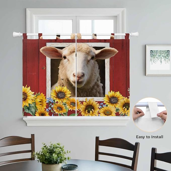 Sheep Sunflower Bedroom Curtains 63 Inch Length, Window Curtains Tab Top - Image 4