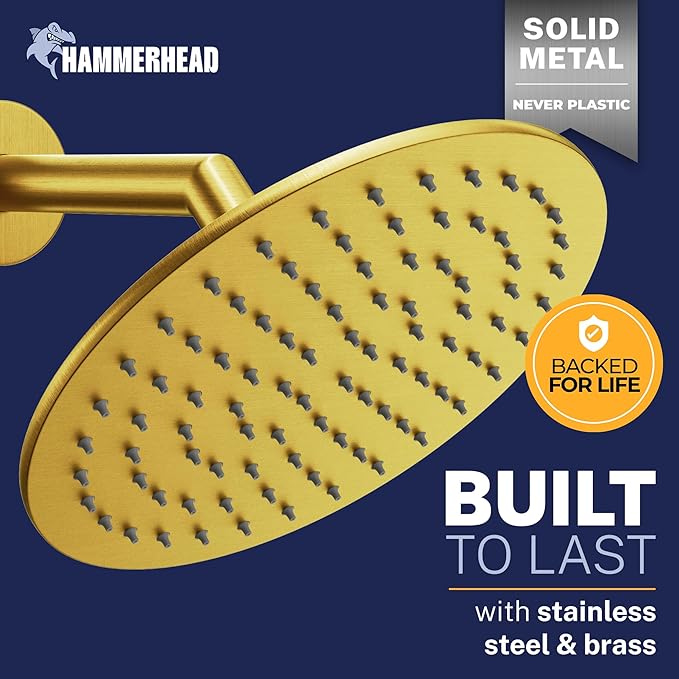 HammerHead Showers Solid Metal Round 8 Inch Rainfall Shower Head, High Flow Shower Head Optimized for Pressure, Brushed Gold, 1.75 GPM