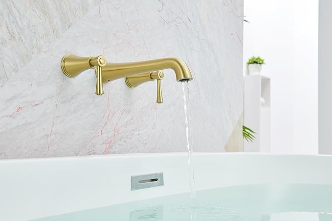 SITGES High Flow Brushed Gold Wall Mount Bathtub Faucet with Two Level Handles,Extra-Long 10.5" Spout Reach Solid Brass Wall Tub Filler with Rough-in Valve Included