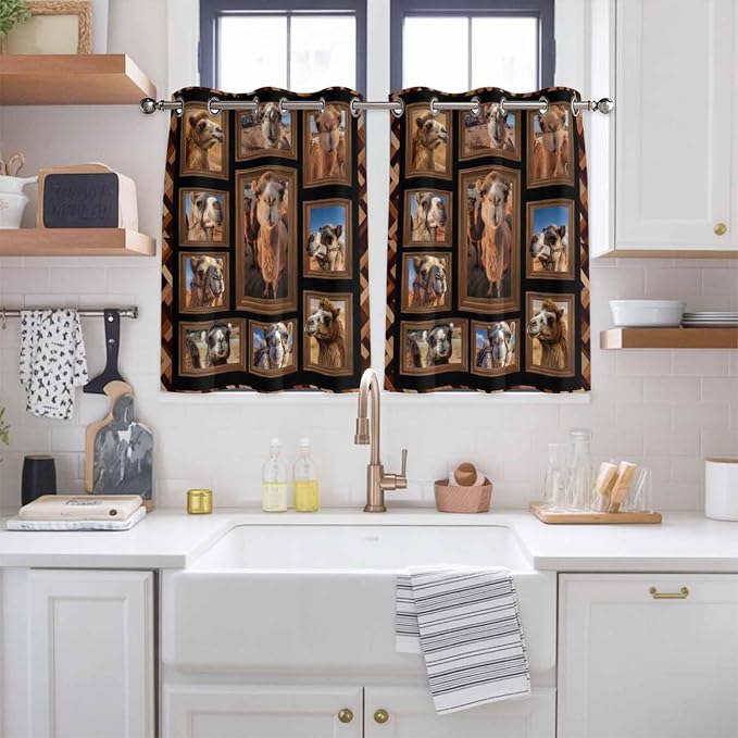 2 Panel Kitchen Cafe Curtains, Desert Camels Sunlight Filtering Nature Air - Image 2
