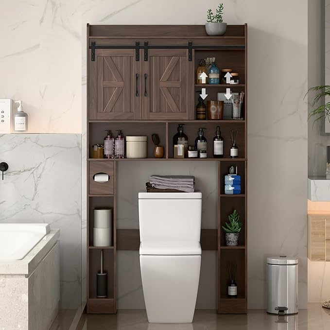 Farmhouse Storage Cabinet Over Toilet with Sliding Doors，Over The Toilet Storage Cabinet, Home Space-Saving Toilet Rack, for Bathroom, Restroom, Laundry.Espresso