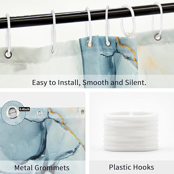 Gibelle Abstract Marble Shower Curtain, Blue Grey Fabric Shower Curtain for Bathroom, Modern Ink Art Decor Waterproof Shower Curtain Set with Hooks, 71x71
