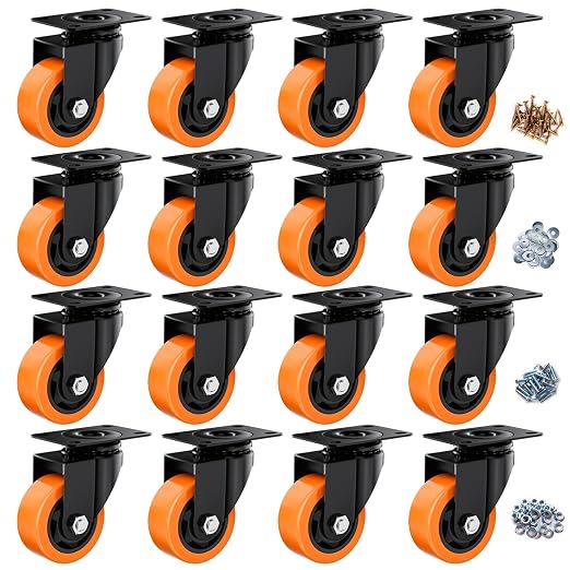 3" Swivel Plate Casters Set of 16 Heavy Duty 1000 lbs | Orange PU, Non-Marking by ASHGOOB
