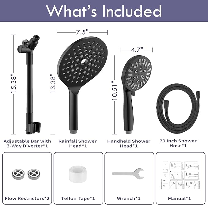 HOWUWEY Dual Shower Heads with Handheld Spray Combo, 7.5" High Pressure Rainfall Showerhead, Double Shower Heads with Handheld Spray, 9 Modes Hand Showerhead with 79" Hose (Standard, Matte Black)