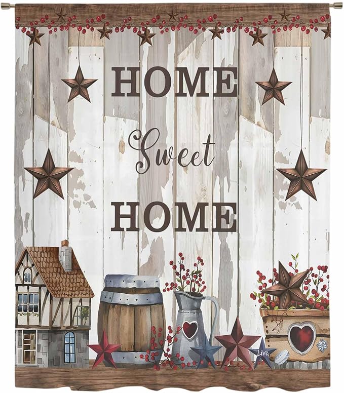 Farmhouse Sheer Curtains 63 Inch Length Retro Country Star Berry Vintage Wood - Image 6