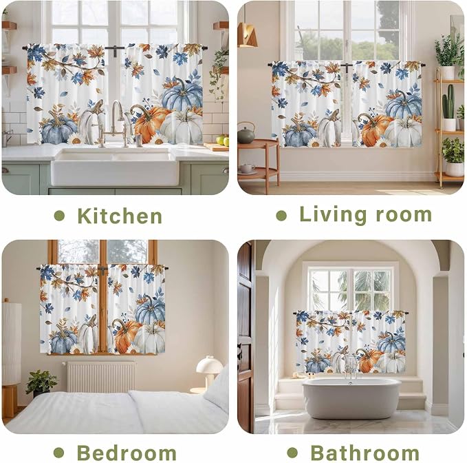 Navy Blue Pumpkin Fall Kitchen Curtains 45 Inch Long 2 Panel Set, Rod Pocket - Image 8