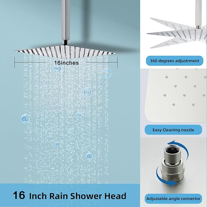 Digital Display Shower System Set 16 Inches Rain Fall Head Temperature Valve Shower Handheld Shower Head Sets for Bathroom Concealed Installation