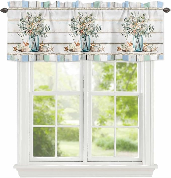 Kitchen Valances for Window, Ocean Starfish Conch Shell Eucalyptus Light - Image 5
