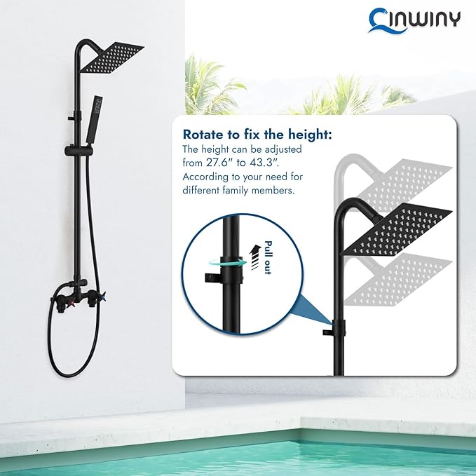 Wall Mounted Outdoor Shower System Matte Black 6" Square Rainfall Shower head with Hand Held Spray Double Cross Handles with Adjustable Slide Bar Two Function Exposed Shower Kit