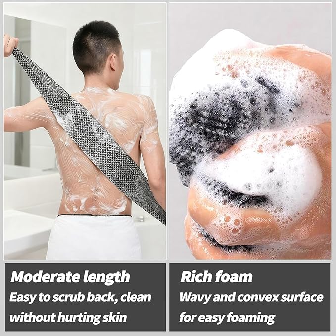 Blissal Exfoliating Shower Towel 47", Premium Scrub Wash Cloth for Body Face, Blissal Shower Towel for Smooth Skin, Quick Drying Durable-Body Scrubber with 2 Sides for All Skin Types (Black+Pink)