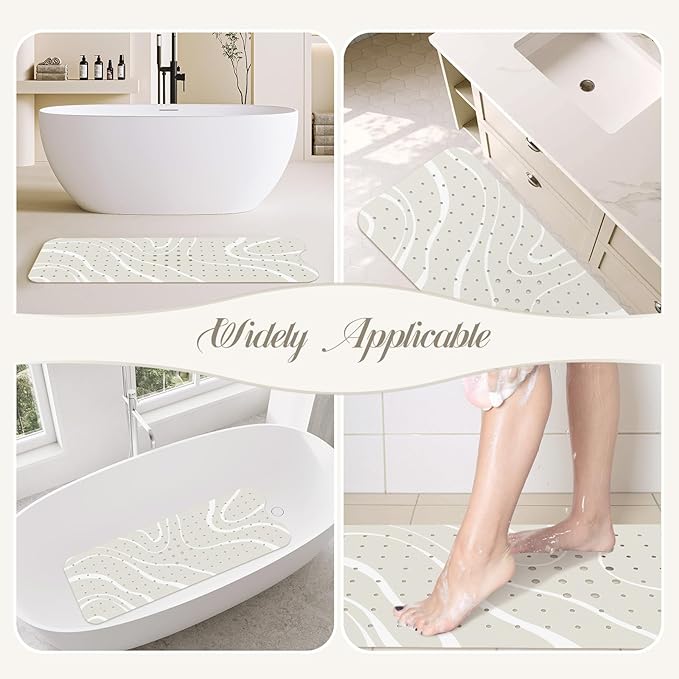SHUCHING White Minimalist Lines Bath Mat for Tub Non Slip-40 X 16Inch, Bathtub Mat Anti Slip, Extra Long Shower Mat for Bathroom Mold Free, Machine Washable