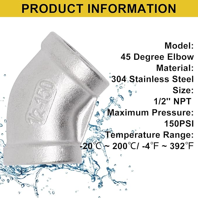 45 Degree Elbow 2PCS, 1/2" NPT Female x 1/2" NPT Female 304 Stainless Steel - Image 4