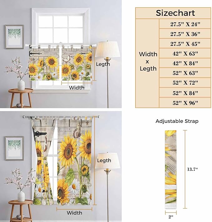 Farm Flowers Kitchen Curtains 45 Inch Length, Short Cafe Window Curtains Tab Top - Image 8