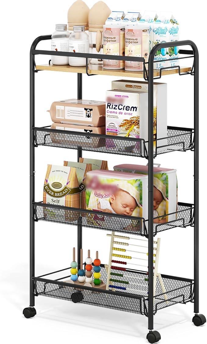 TOOLF 4-Tier Rolling Cart, Metal Utility Cart, Slide Out Storage Cart with Wooden Tabletop and Mesh Baskets, Easy Assemble Trolley for Kitchen Bathroom Laundry Room Bedroom Apartments Dormitory